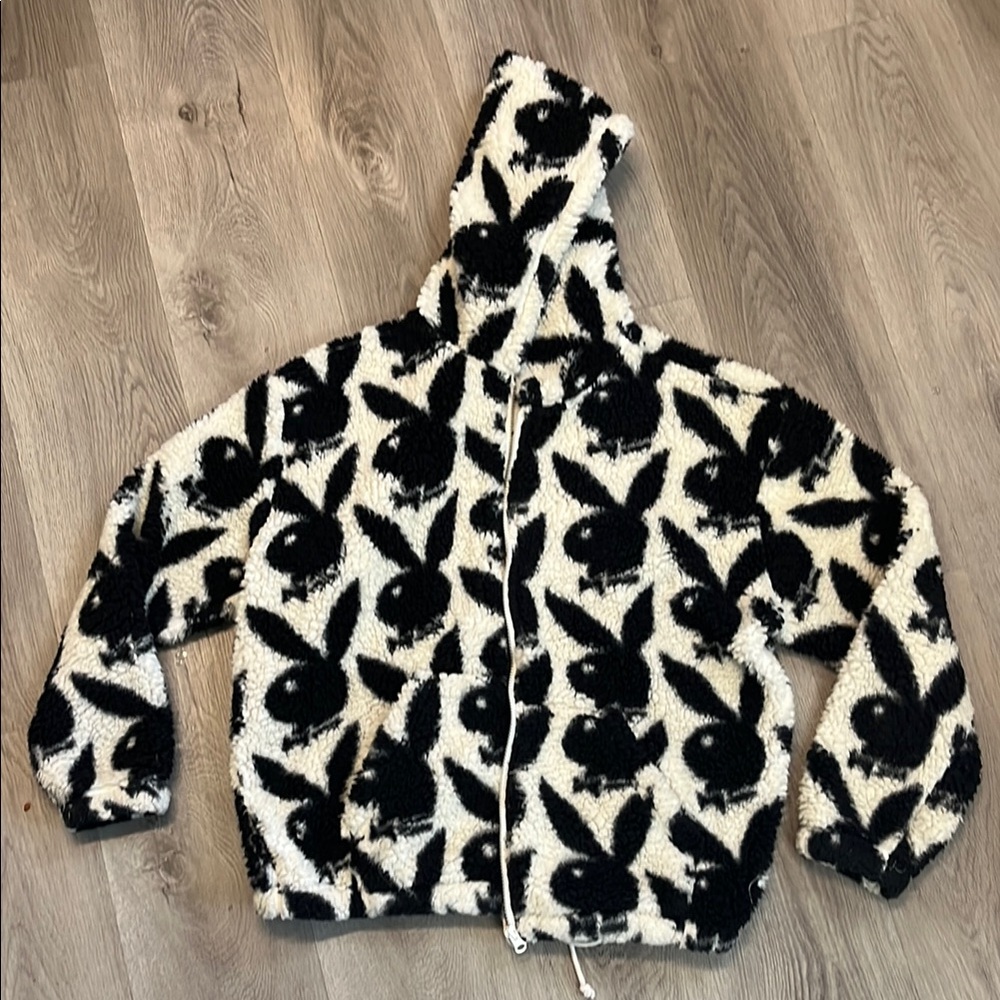 PacSun x Playboy Black and White Teddy Fleece Zip Up Hoodie